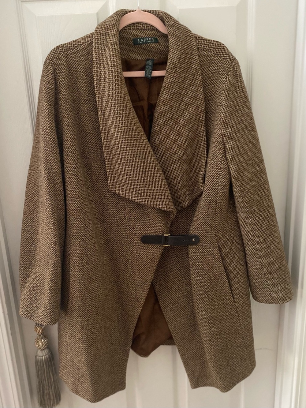 Lauren Ralph Lauren Tan Tweed Shawl-Collar Pea Coat size 16